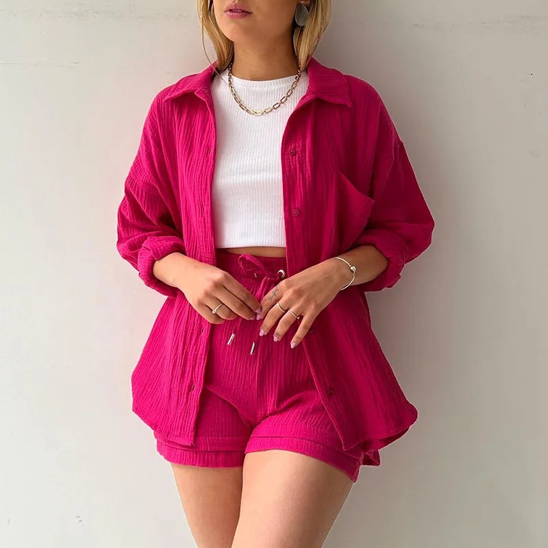 S-2XL Spring Wrinkle Polo Long Sleeve Shirt High Waist Drawstring Shorts Large Fashion Casual  Shorts Set Women
