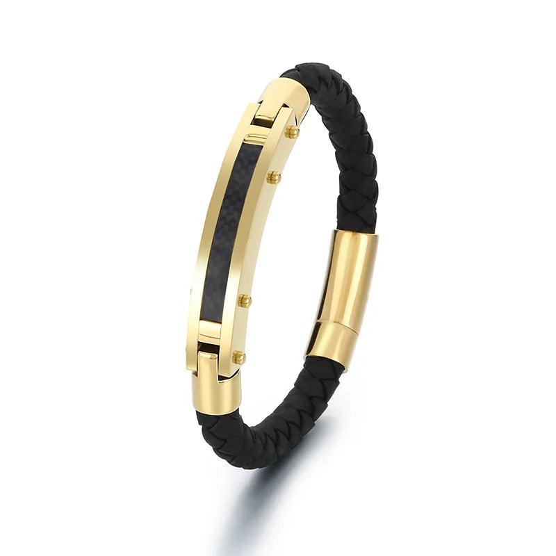 KALEN 215mm Vintage Gold/Silver/Black/Oxidized Black Stainless Steel&Woven Cowhide Bracelet