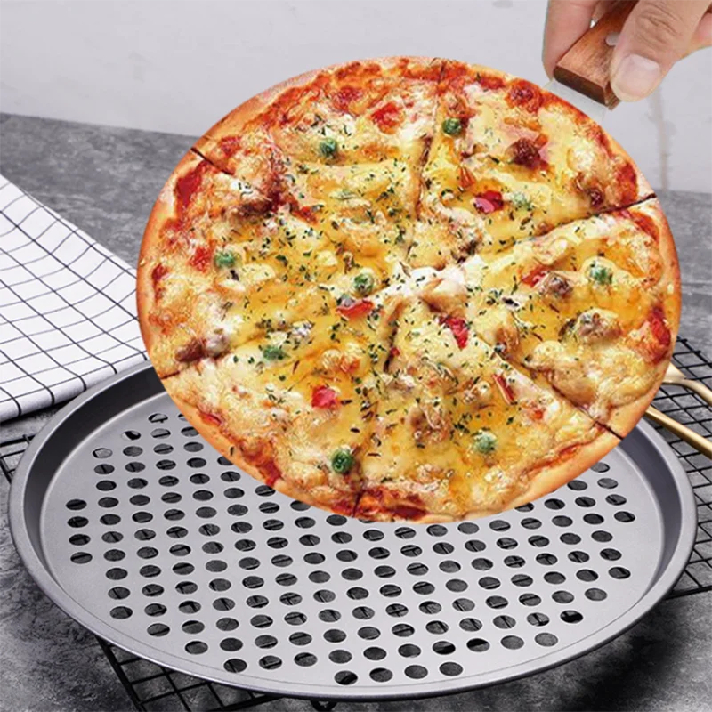 Round Carbon Steel Pizza Baking Pan Perforated Crisper Nonstick Feature Disposable Pizza Peel Handles Oven Safe Dishwasher Sa