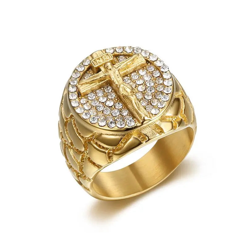 Men's Hip-Hop Cross Ring with Zircon Stainless Steel & Gold-Plated Titanium Fashionable Trendy Gift or Party Classic Style