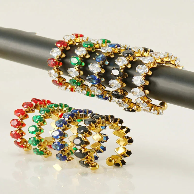 Multi-color Crystal Inoxidable Adjustable Cubic Zircon Engagement Jewelry 18K Gold Plated Stainless Steel Diamond Rings