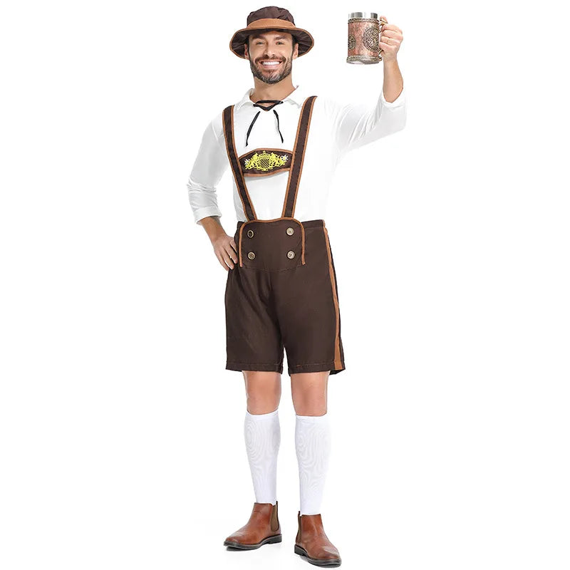 Bavarian Oktoberfest German Beer Festival Cosplay Men Oktoberfest Costume Set  Adult Costumes Hat Top Short