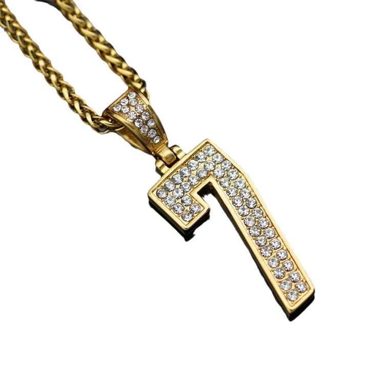 Punk Rock Jewelry Stainless Steel Full Diamond Number Seven Pendant Necklace for Women Men