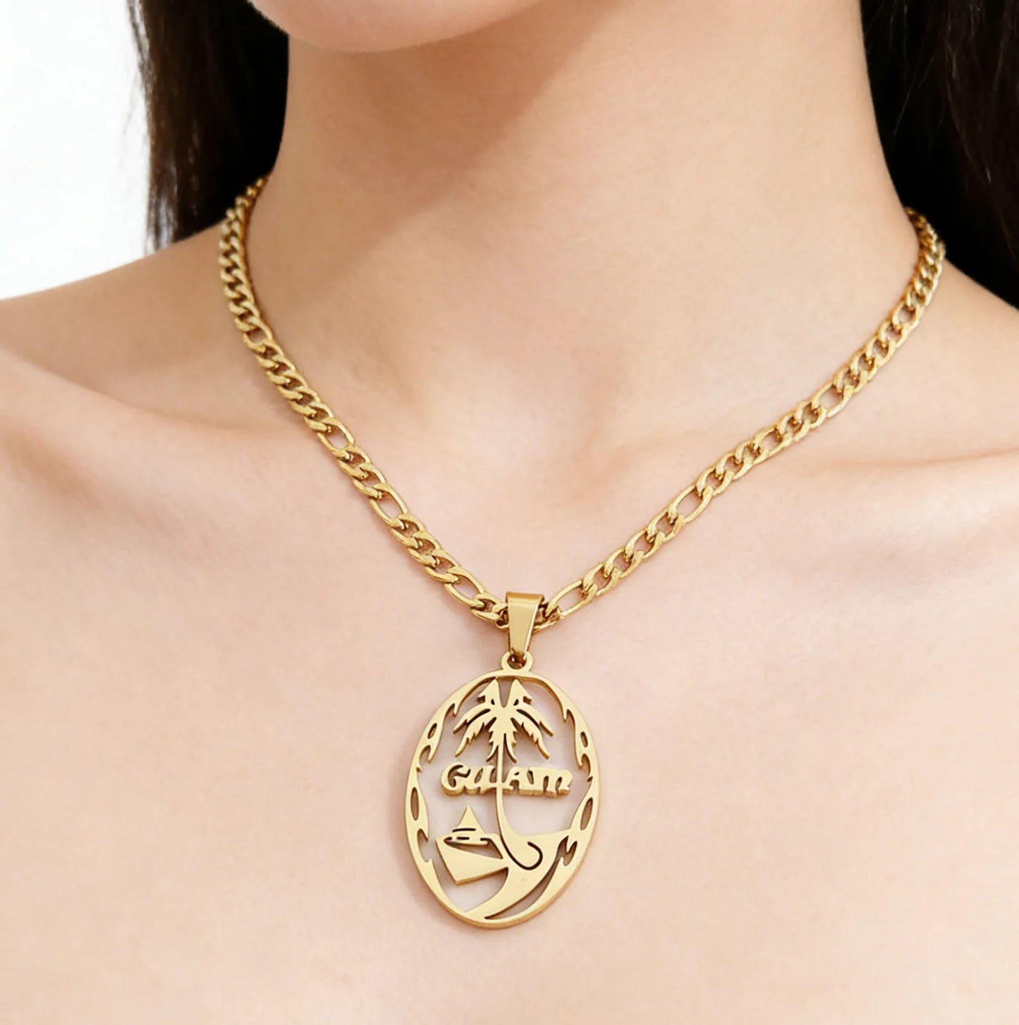 Fashion Jewelry Necklace Wholesale Stainless Steel Coconut Palm Guam Pendant Necklace for Beach Trip