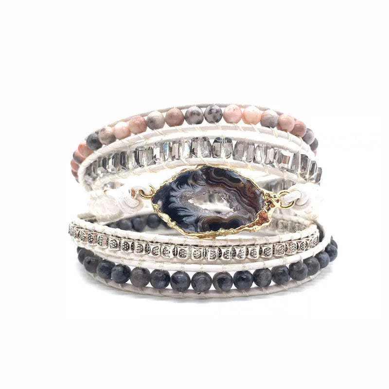 Risingmoon Bohemian Women Leather Bracelet Crystal Stone Bracelet 5-Wrap Around Beaded Bracelets Jewelry for Women