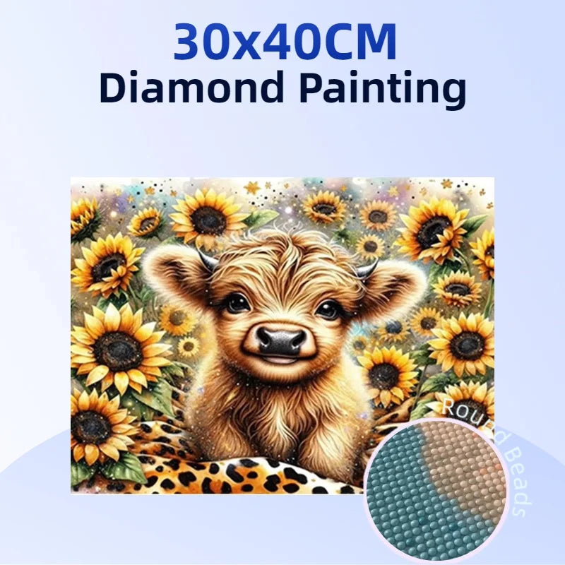 1PC 30*40cm DIY Sunflower Cow Diamond Painting Full Round 5D Acrylic Drill Modern Diamond Painting Kit for Wall Decoration