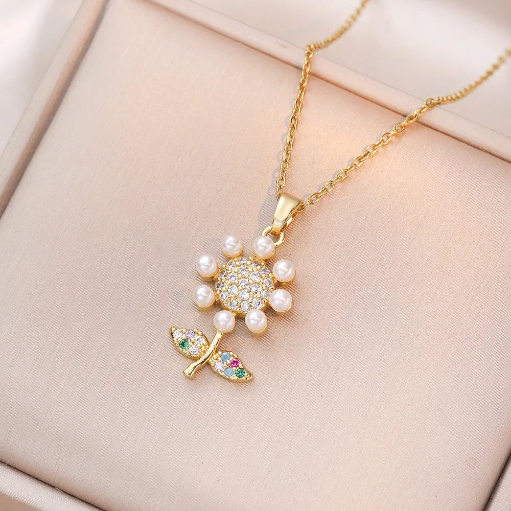 18K Gold Plated Sunflower Necklace Zirconia Stainless Steel Chain Colorful Pearl Flowers Necklace
