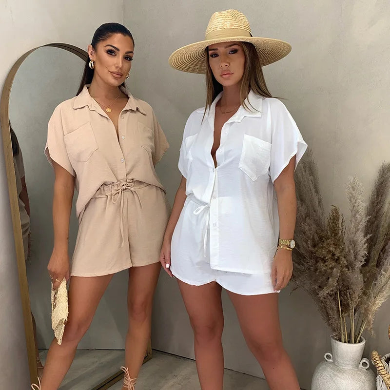 Enyami Summer Vacation S 2XL Woven Casual Wear Solid Colour Short Sleeve Blouses Women Co Ord Loose Shorts 2 Pieces Sets