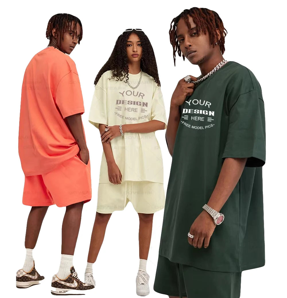 Custom Logo Plus Size Men's Winter Casual Tracksuit 2-Piece Jogging Set Oversized T-Shirt & Shorts 100% Cotton