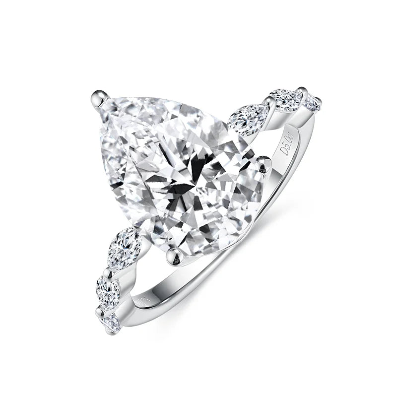 Fine Jewelry 5 Carats Pear Cut 9x13mm Moissanite Rhodium Plated 925 Silver Gemstone Wedding Rings GRA Certified