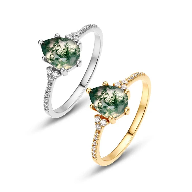 Gold Plated Green Moss Agate Ring Pear Cut Gemstone 925 Sterling Silver Wedding Party Jewelry for Women
