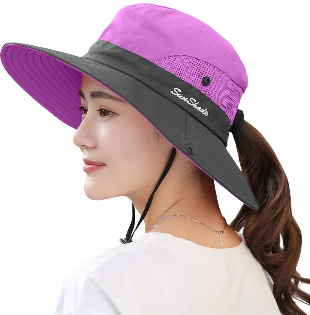 Women's UPF50+ Wide Brim Sun Hat Ponytail Hole UV Protection Beach Cap for Summer for Fishing Hiking Gardening Casual Travel