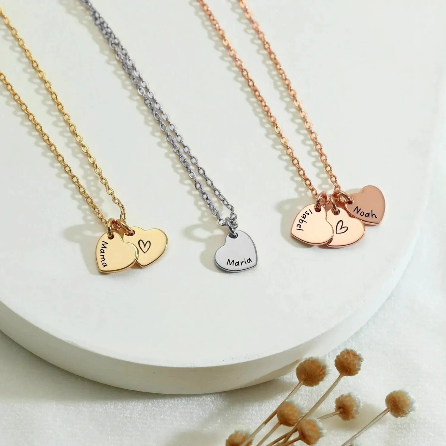 Customized Jewelry Family Name Small Heart Charm Stainless Steel Necklace Not sharp Pendant Blank Necklace Jewelry for Gifts
