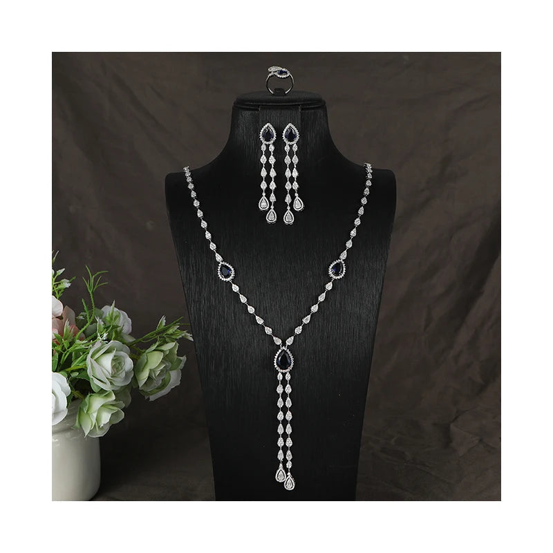 Dubai Style Jewelry Wedding Set White Gold Plated Shiny Diamond Cubic Zirconia Rings Earring Necklaces Jewelry Sets