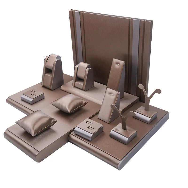 Fashion Jewelry Display Stand Holder Custom DIY Ring Earring Bracelet Necklace Packaging Set MDF PU Leather Brown Adjustable