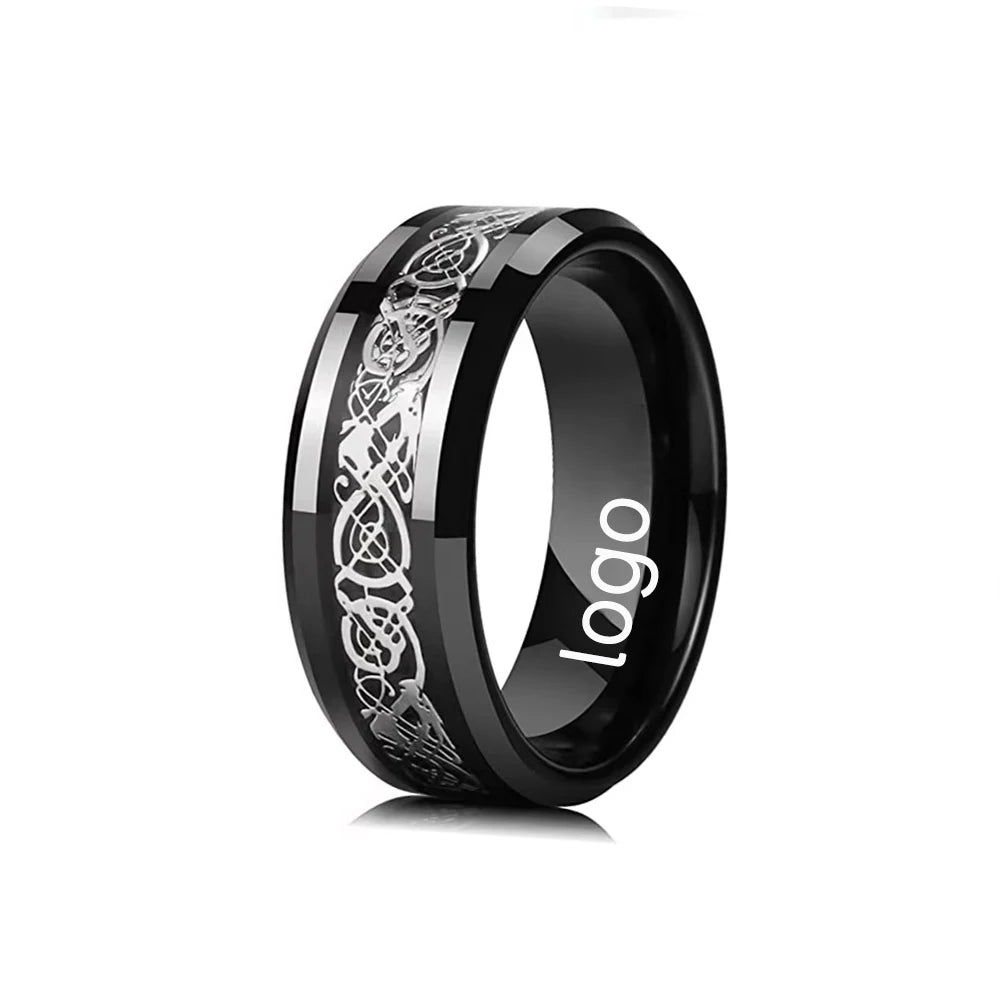 8MM Stainless Steel ring Fashion Red Blue Silver Black Gold Dragon Grain Feather Couples Stainless Steel ring Finger Rings