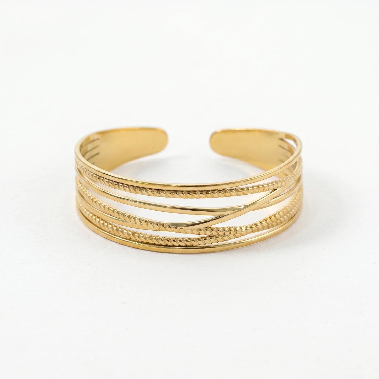 QIAOREN 10993 Luxury Layered Gold Cuff Bracelet Stainless Steel Adjustable Open Bangle for Women Beach Vacation Jewelry