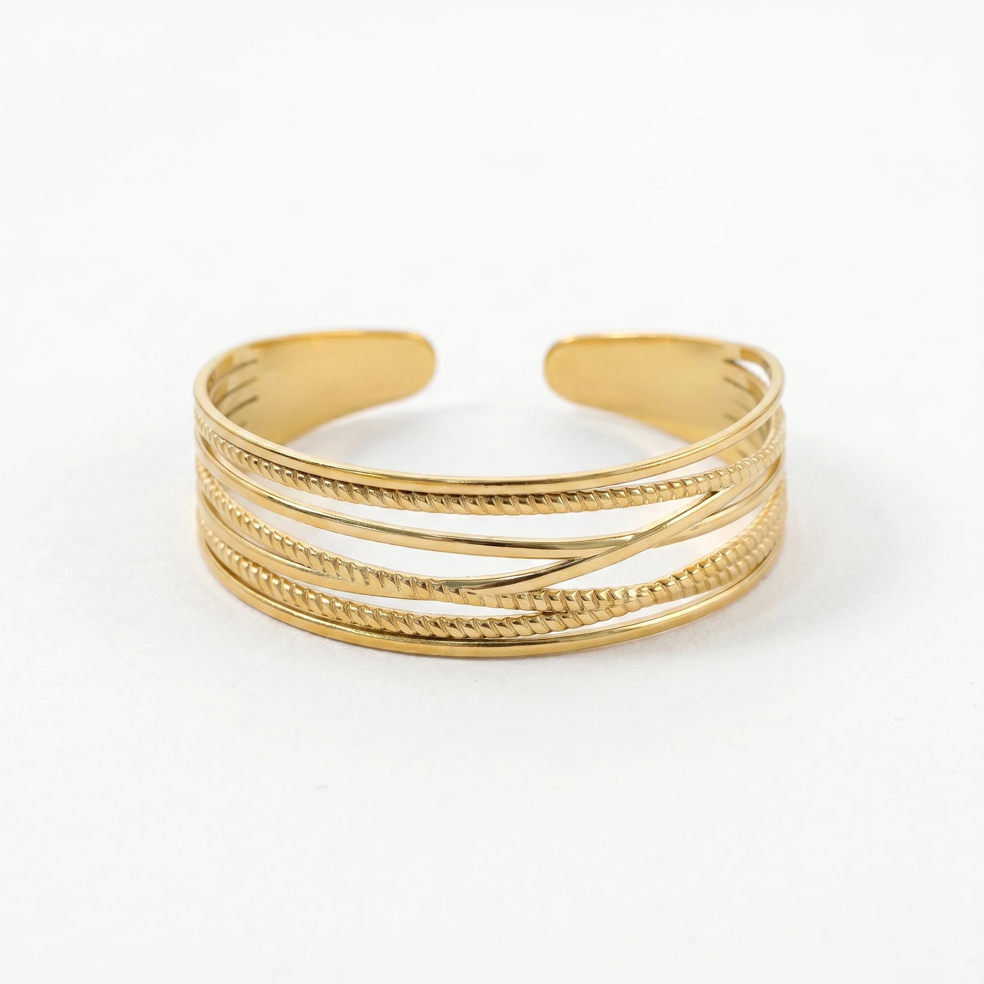 QIAOREN 10993 Luxury Layered Gold Cuff Bracelet Stainless Steel Adjustable Open Bangle for Women Beach Vacation Jewelry