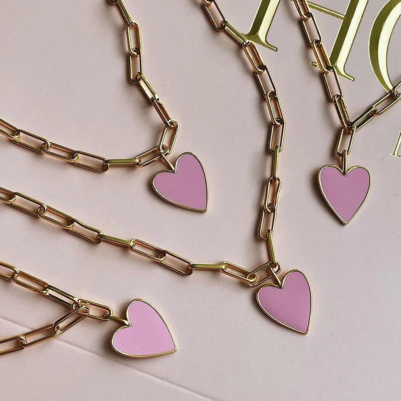 Trendy Exquisite Women 18K Gold Plated Stainless Steel Enamel Polychrome Oil Drip Heart Pendant Necklace Gift for Wedding