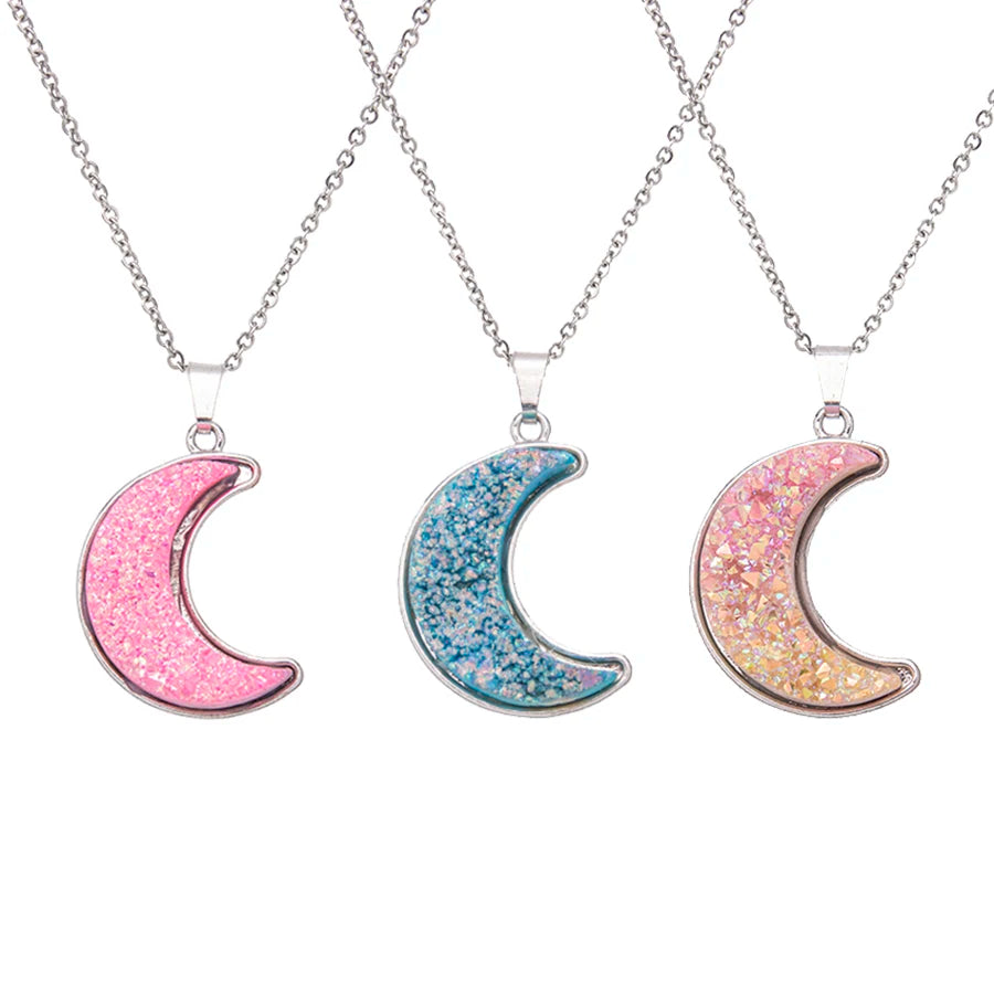 Natural Crystal Stone Moon Druzy Pendant Necklace with Stainless Steel Chain Gemstone Jewelry