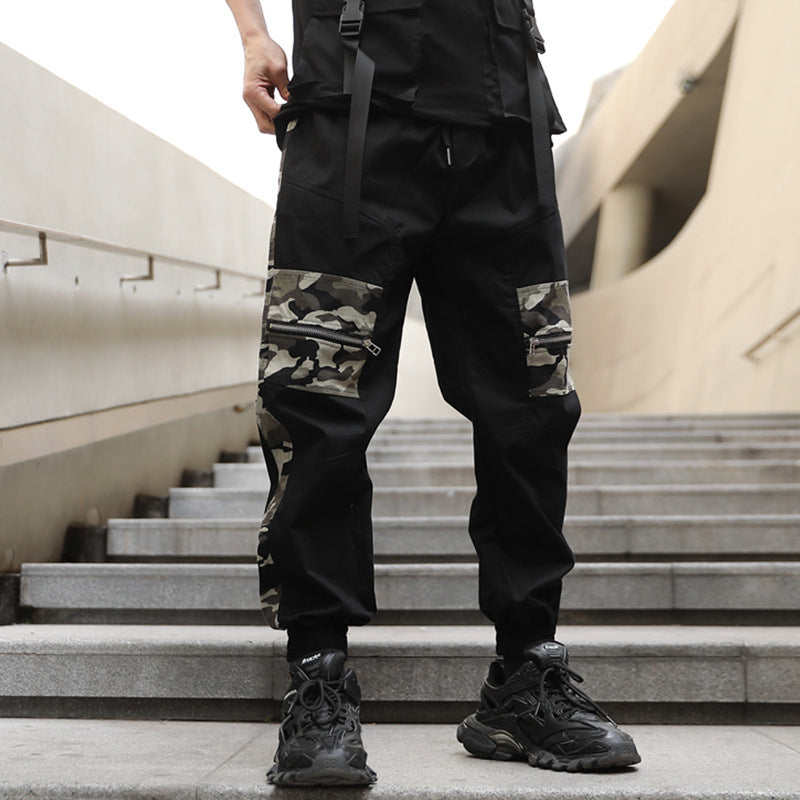 Multi-Pocket Camouflage Stitching Casual Overalls  Men's Pants Relaxed Strap-Pocket Pants With Side Pocket Cargo Pants