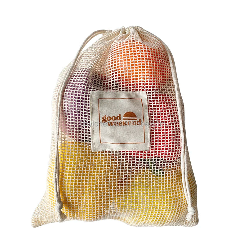 Factory Custom Logo Wholesale Reusable Cotton Mesh Beach Trips Bag Drawstring Net Shopping Bag for Vegetables