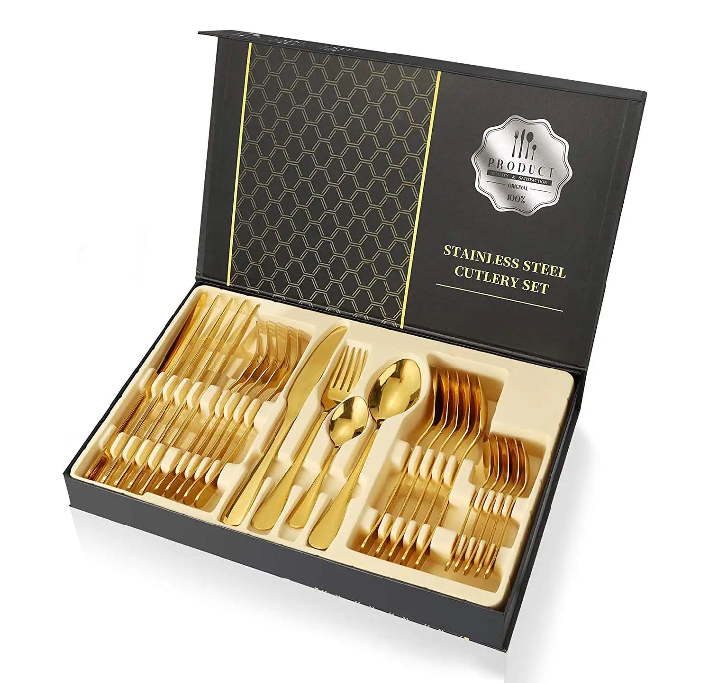 Portable Travel Eco-Friendly Gold Spoons Forks Knives Stainless Steel 24-Piece High Quality Cutlery Flatware Sets Box Present