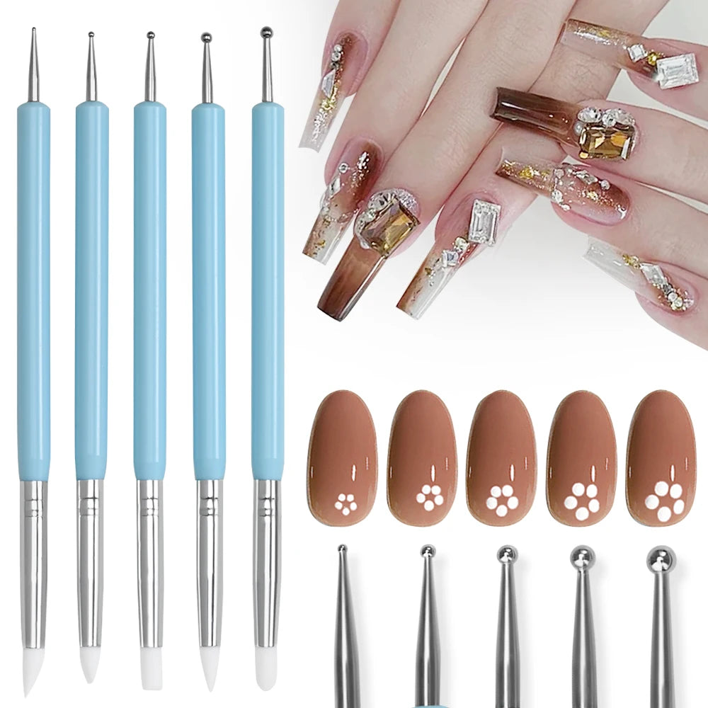 5 Pcs/set Double-Headed Nail Dotting Pen Silicone Nail Pen Nail Art Brush UV Gel Painting Drawing Brush Manicure Tool