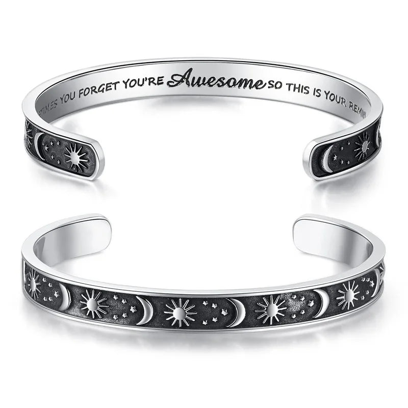 Inspiration Jewelry Gift 6mm Sun Moon Star C Open Bracelet Laser Letched Waterproof Stainless Steel Bracelet Gifts for Women 