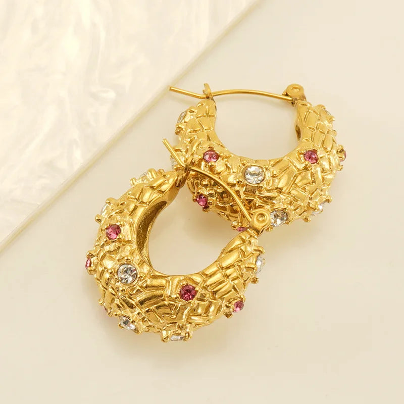Hot Selling Women's Custom Stainless Steel 18K PVD Gold Plated Crystal C-Shaped Earrings Fashion Hoop Jewelry for Girls