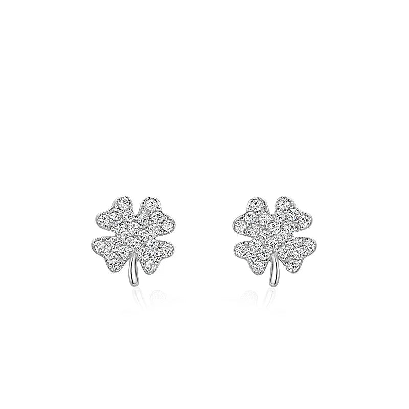 Wholesale Women's Fashion Jewelry 925 Sterling Silver Rhodium Plated Zircon High Quality Four Leaf Clover Earrings Gifts