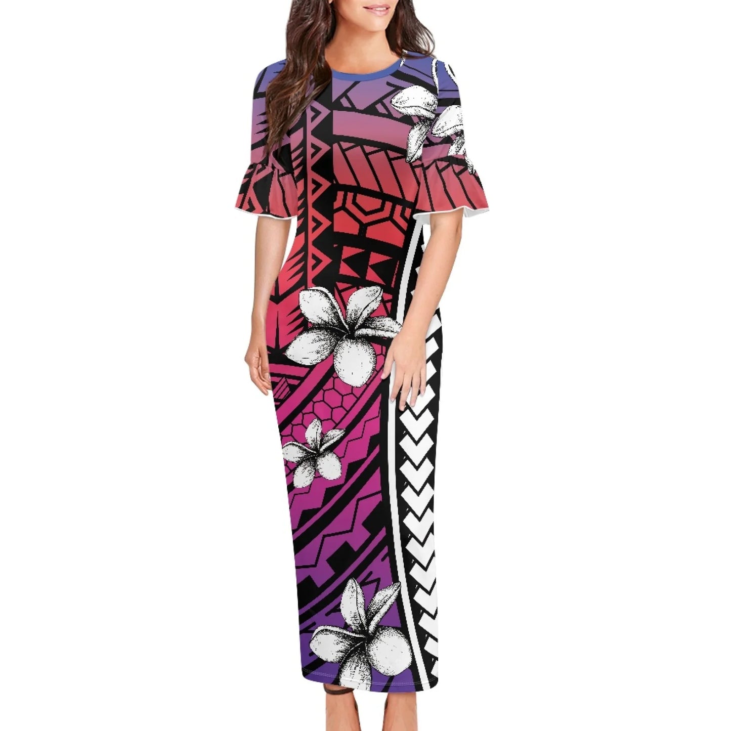 Polynesian Women's Round Neck Elegant Party Dress Short Sleeve Ruffle Sleeve Skater Dress Wedding Guest Church Dresses for Wo