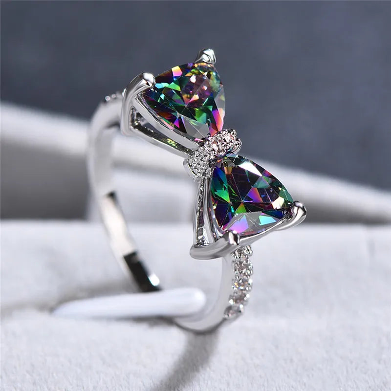CAOSHI OEM Personality Multi-colored Cubic Zirconia Bow Ring for Fancy Bride Ceremony Party Nice Fashion Wedding Rings for Wo