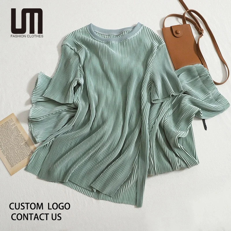 OEM New Women's Summer 2 Piece Set - Solid Color Pleated Short Sleeve Shirt & Loose Pants Outfit Casual Wear