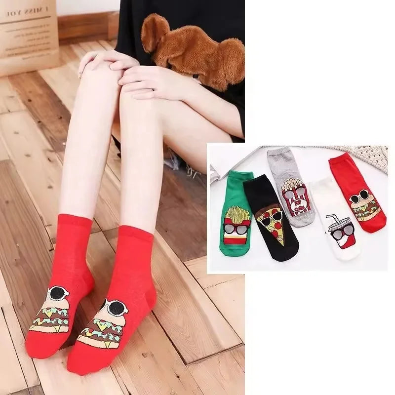 Wholesale Bulk Crazy Cool Hamburger Pizza Fast Food Socks Funny Cotton Crew Socks for Women Autumn Knitted Breathable Feature