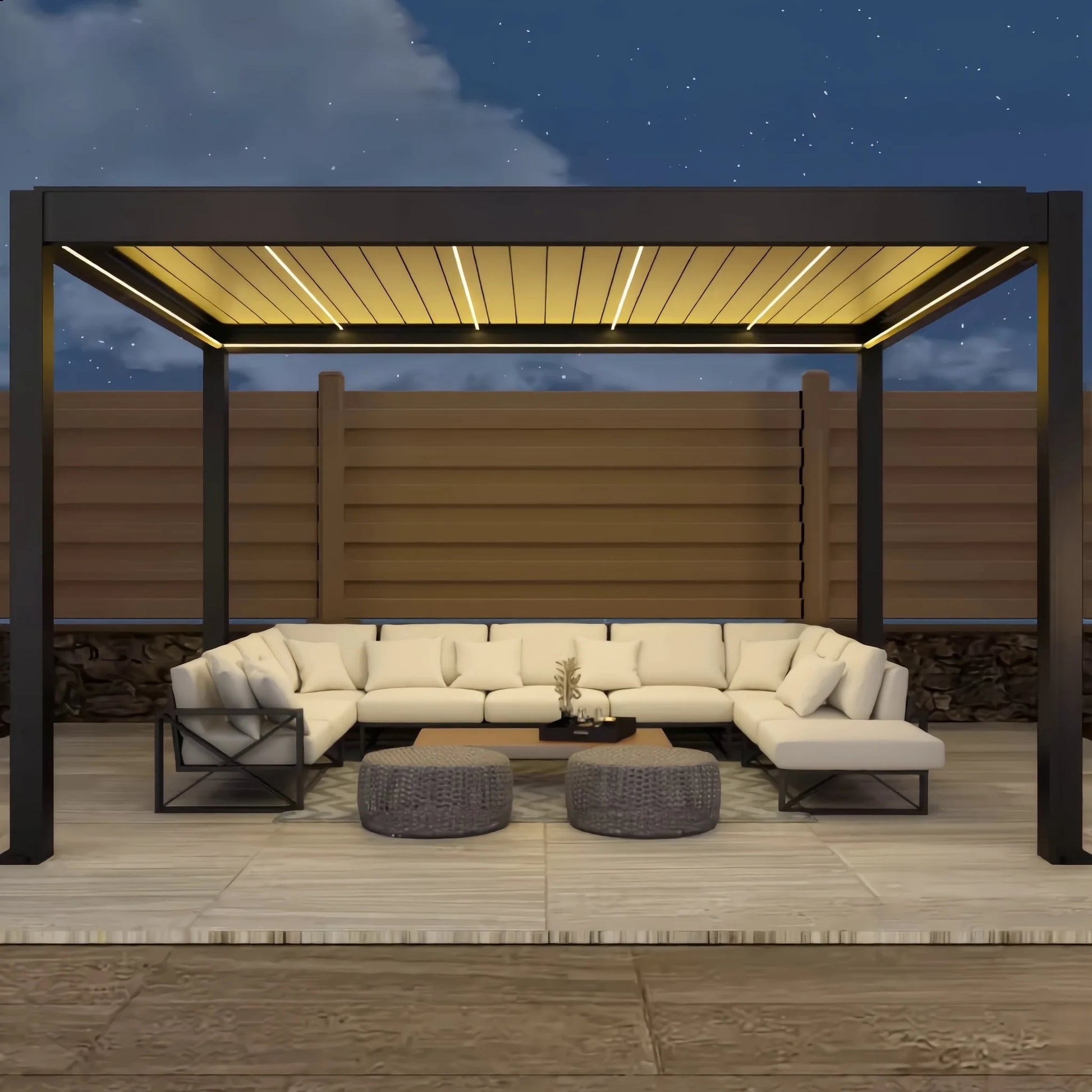 Motorized Outdoor Waterproof Aluminum Bioclimatic Gazebo Pergola Roof LED Light Eco-Friendly 180-220KM/H Wind Resistant Powde