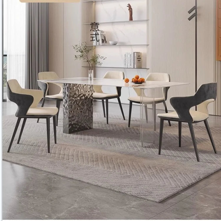 Italian-style Modern Stainless Steel Water Ripple Household Natural Rock Plate Dining Table