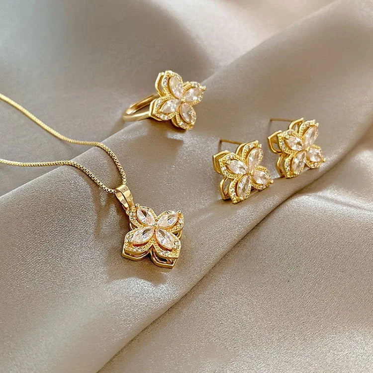G1822 3Pcs Set Rotatable Flower Fidget Ring Necklace Anxiety Stress Relieve Earrings Spinning Mood Four Leaf Clover Jewelry S