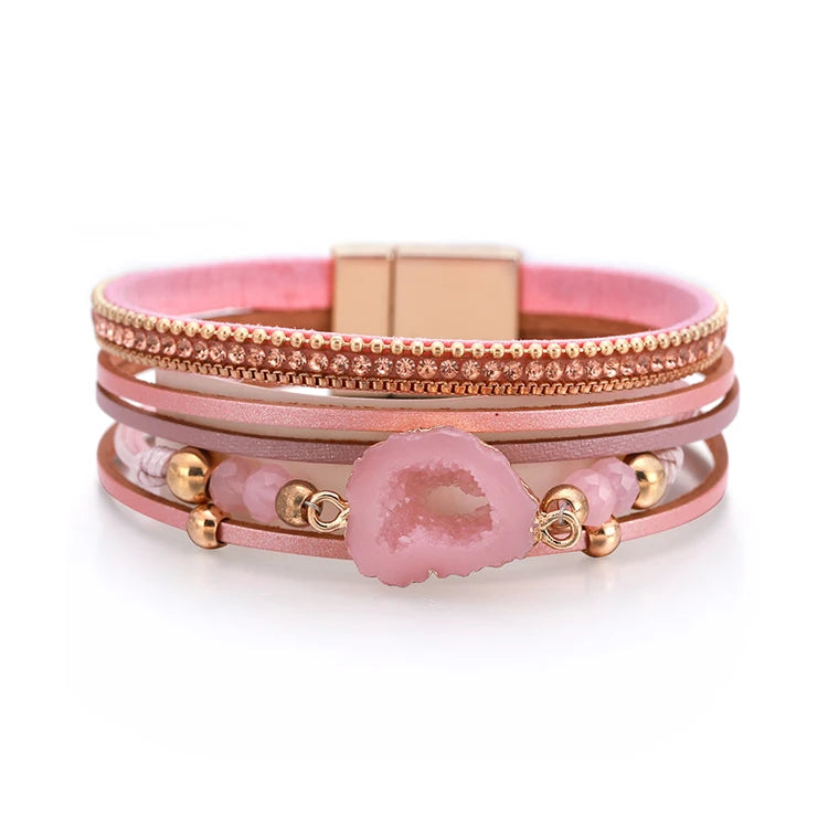 New Design Women Trendy Crystal Stone Bracelet  Leather Cuff Boho Wrap Bracelet for Girls