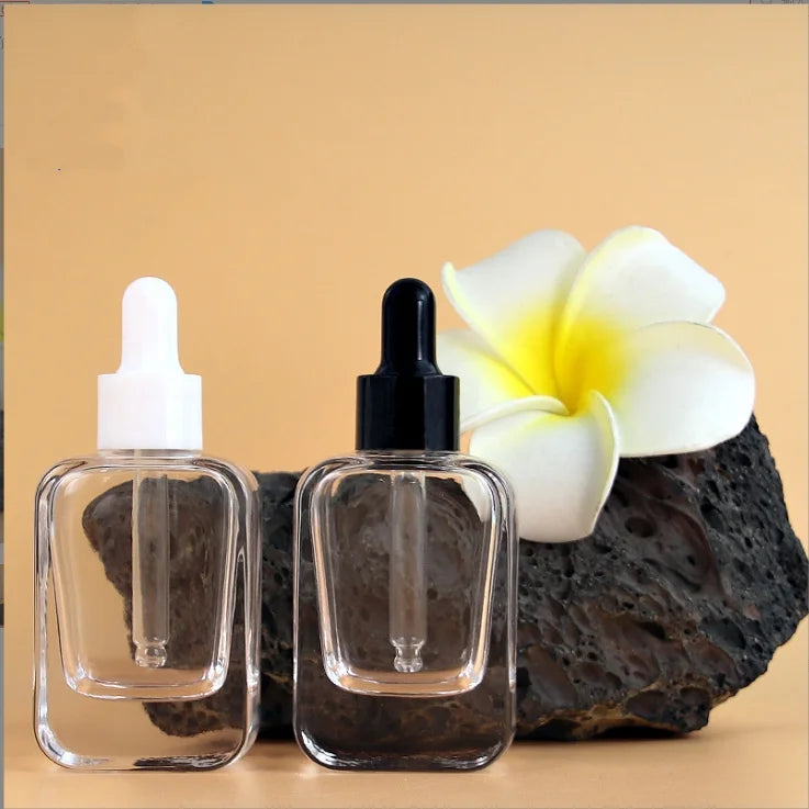 New Stock 30ml Flat square Thick Bottom Essential Oil Bottle Package Dropper Round Corner Bottle Essence Liquid Perfume Flask