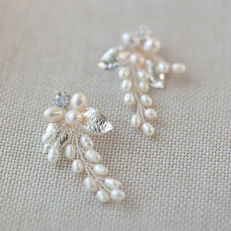 SLBRIDAL Handmade Ins Sparkling Zircon Alloy Leaf Porcelain Flower Freshwater Pearls Bridal Wedding Earring Women Girls Earri