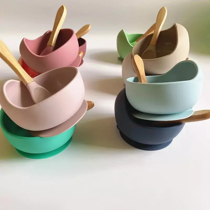Baby Dinnerware Baby Silicone Bowl Set Non-slip Children's Suction Bowl  Silicone Spoon Food Grade Waterproof Table