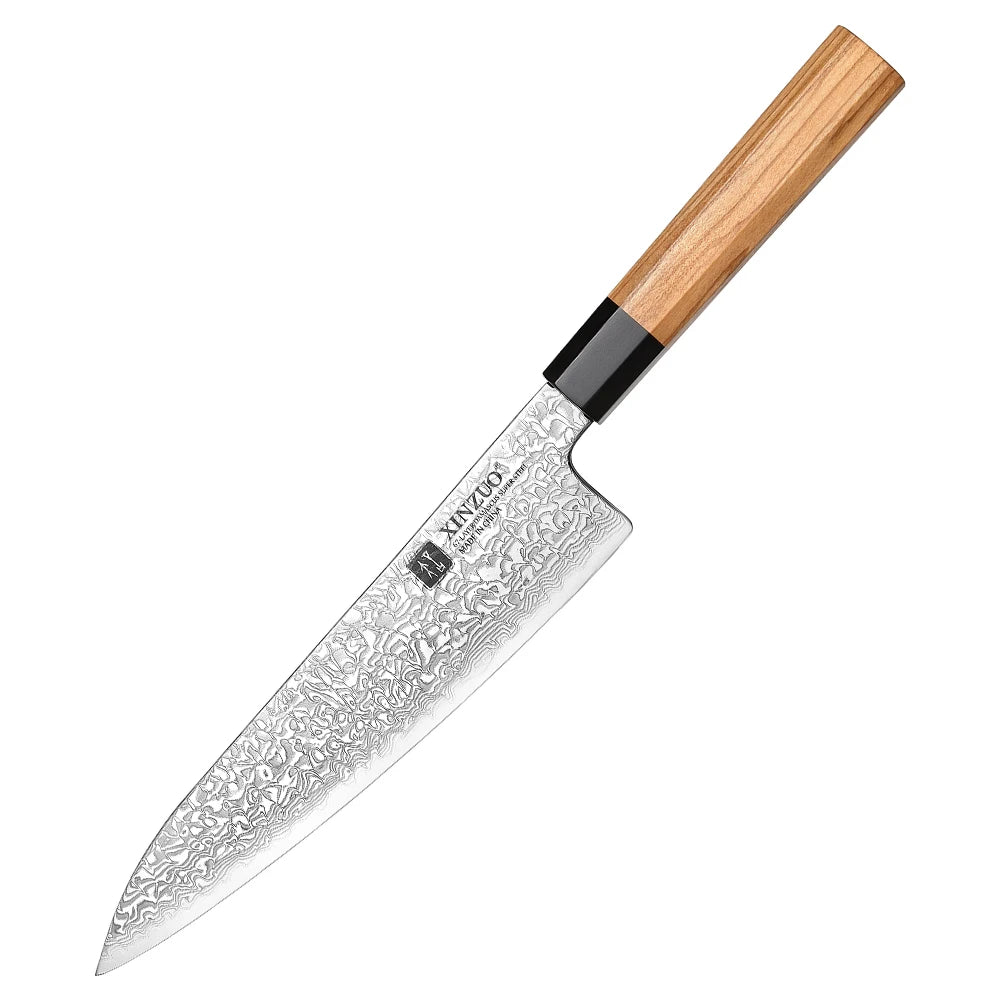 XINZUO New Custom Damascus Steel Chef Knife with Japanese Octagonal Olive Wood Buffalo Horn Handle Kitchen Knives