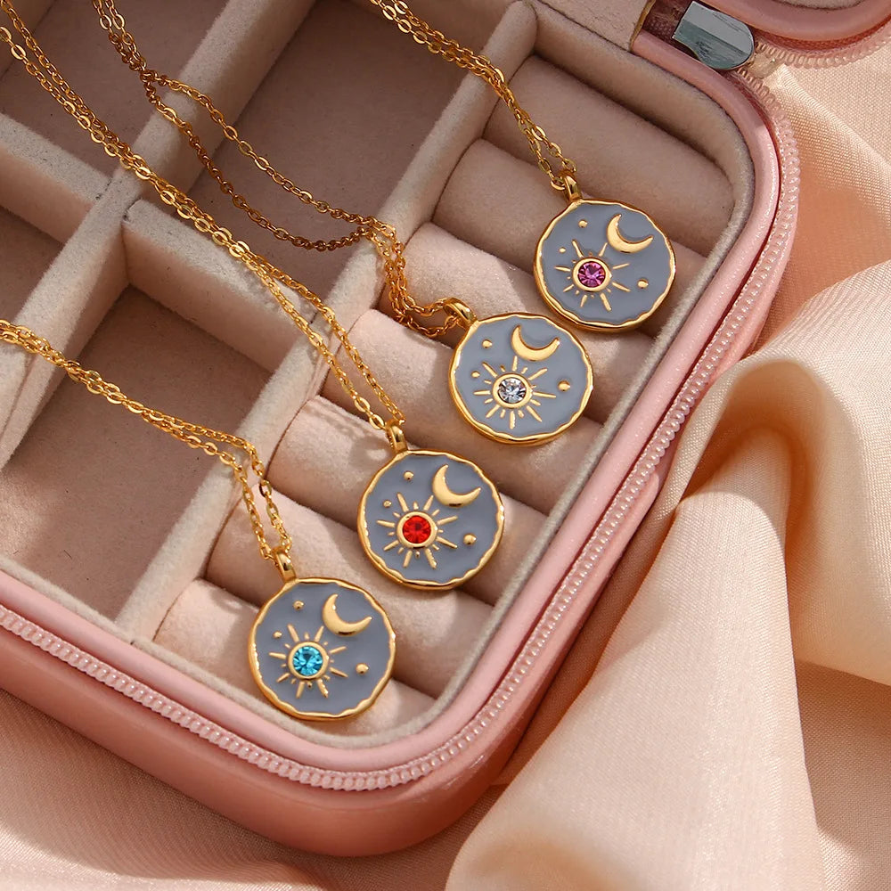 Vintage Stainless Steel Jewelry Fashion 18k Gold Oil Drip Necklace Cute Sun Moon Star Universe Pendant Necklace for Women Men