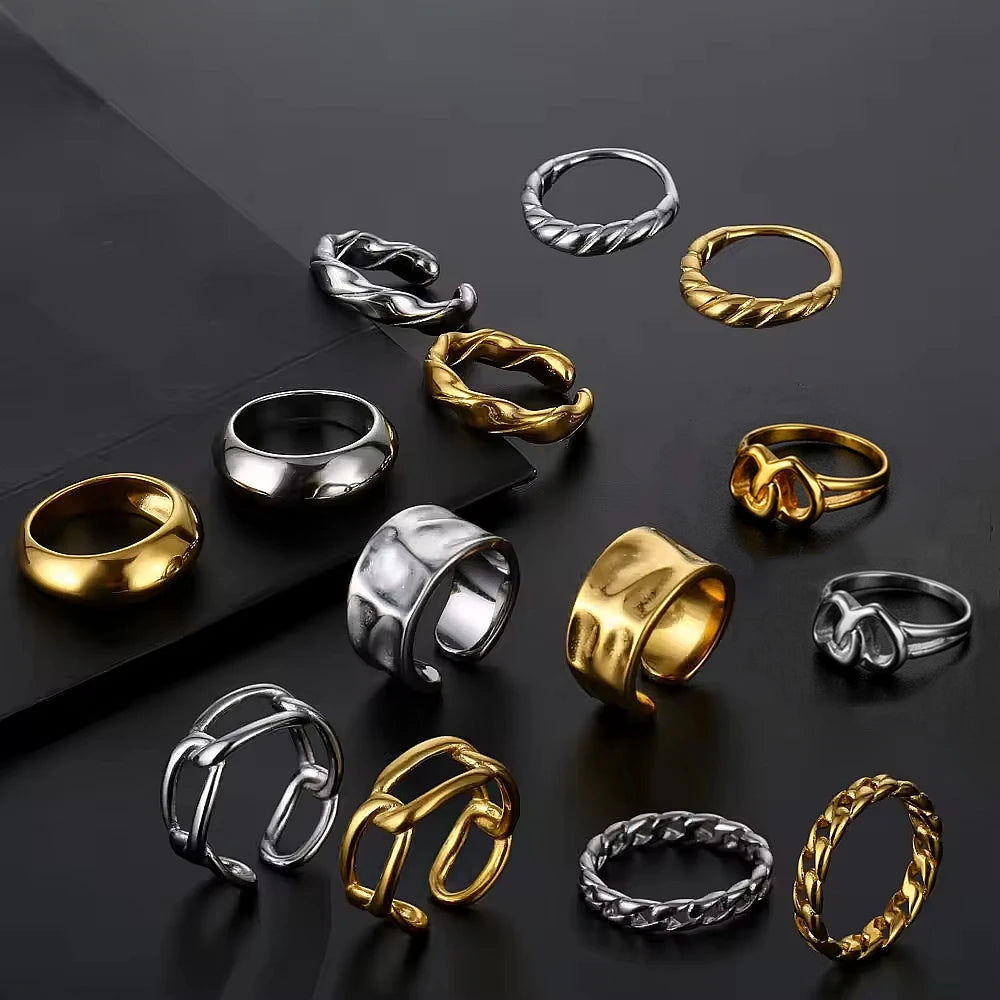 Ins Chic Chunky Chain Rings Fashion 18K Gold Plated Stainless Steel Anillos Jewelry Simple Joyeria  Finger Adjustable Open Ri