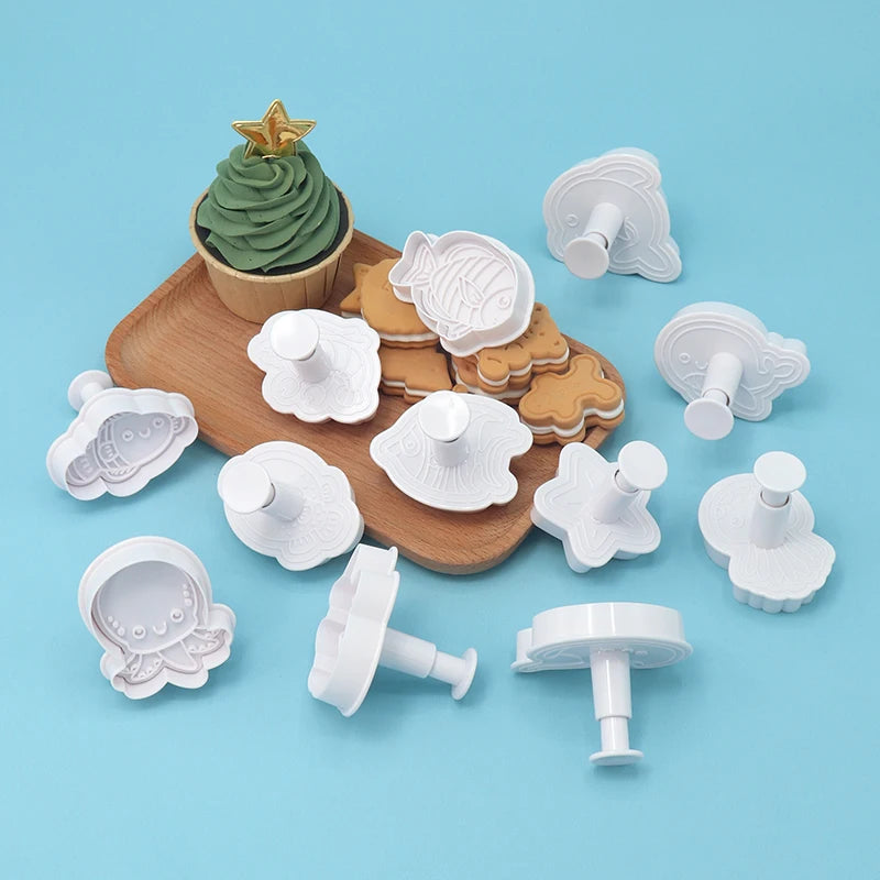 2024 Createklat 4 Pieces Crown Unicorn Dinosaur Cake Spring Molding Plastic Baking Tool Set Aquatic Creatures Spring Mold