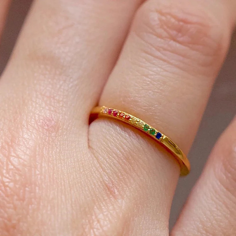 Joolim High End 18K Gold Plated Colorful Dainty Zirconia Half Pave Ring for Women Finger Ring Stainless Steel Fashion Jewelry