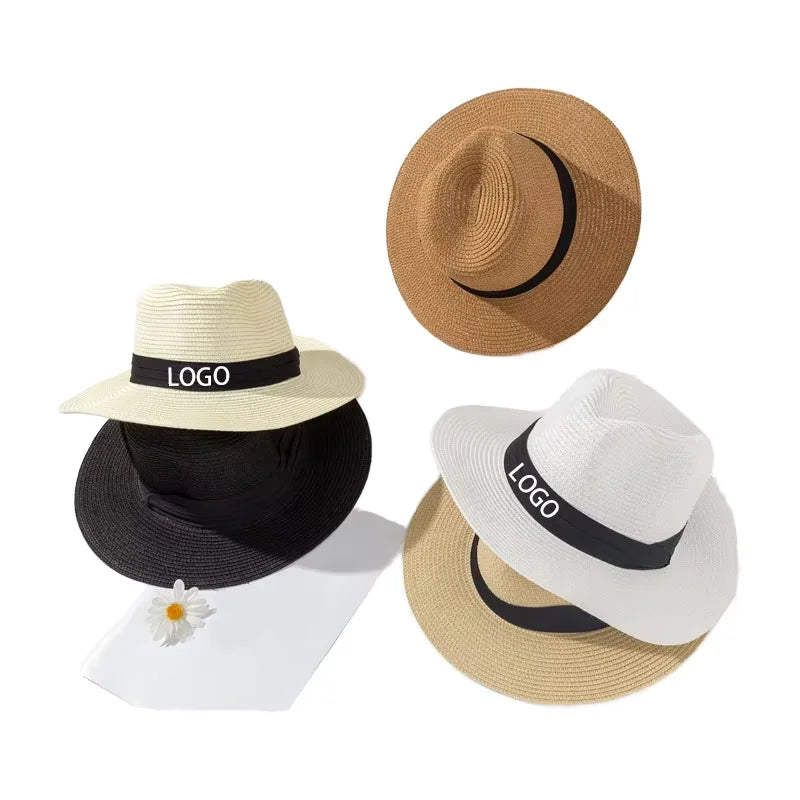 Custom Logo Checked Fedora Hat Summer Outdoor Travel Fishing Beach Sun Hats Womens Mens Wide Brim Panama Paper Adjustable