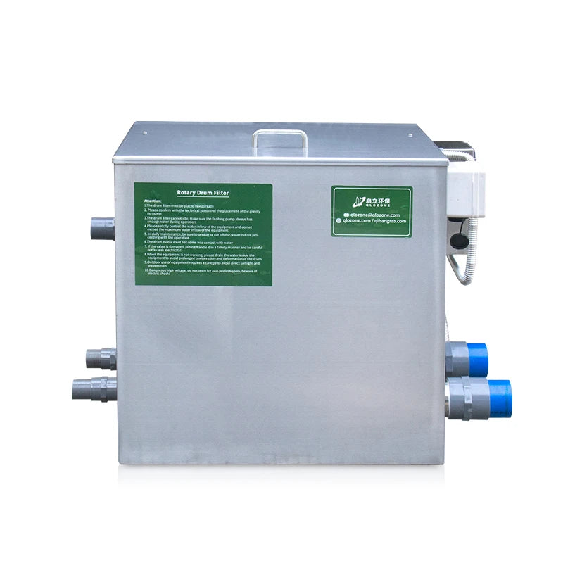 QihangRAS Fish Farm Aquaculture Rotary Drum Filter for 20m3/h Pond Water Treatment Stainless Steel 750W Backwash Pump