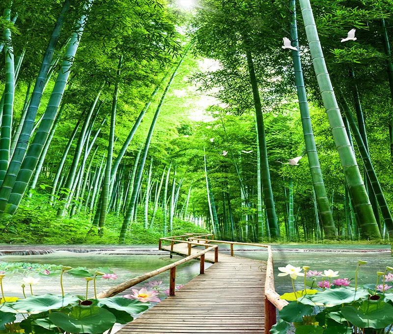 Blue Sky White Clouds Grassland Natural Bamboo Forest Outdoor Scenery Lotus Background Wall Cloth Anchor Wallpaper